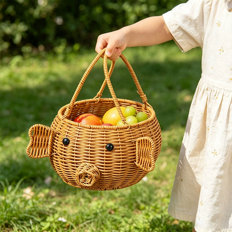 Cesta de Almacenamiento de Juguetes de Mimbre con Asas de Animales Lindos – Organizador de Guardería para Niños