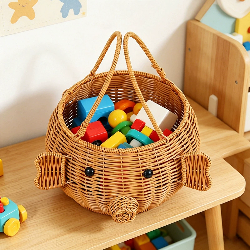 Cesta de Almacenamiento de Juguetes de Mimbre con Asas de Animales Lindos – Organizador de Guardería para Niños