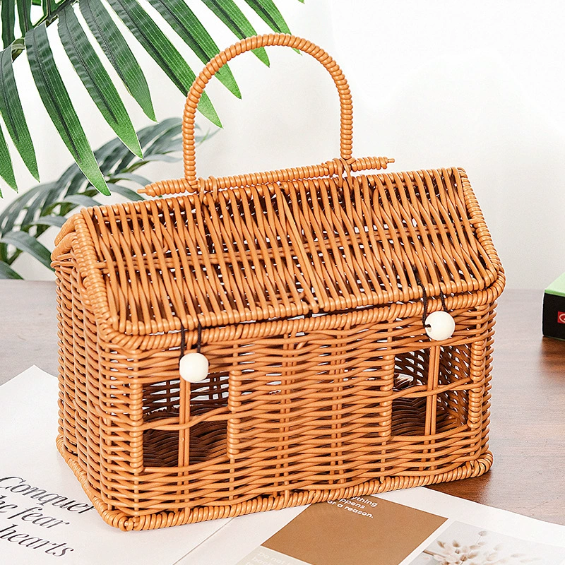 Cesta de almacenamiento estilo mimbre trenzada a mano | Caja de regalo portátil para el hogar con asa