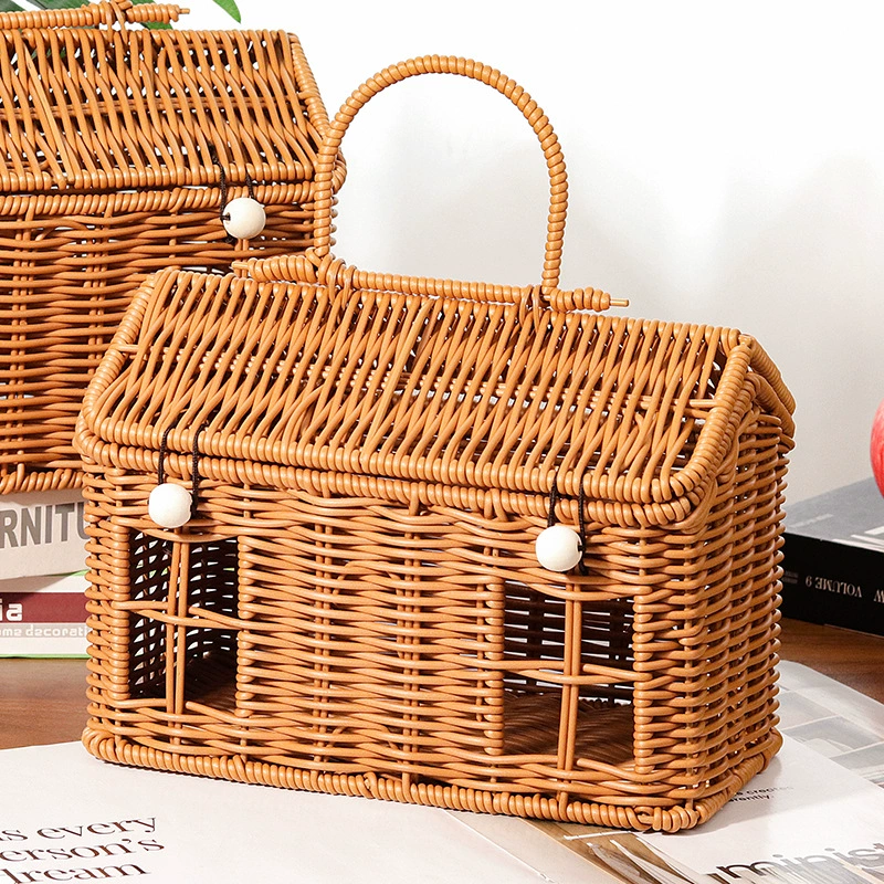 Cesta de almacenamiento estilo mimbre trenzada a mano | Caja de regalo portátil para el hogar con asa