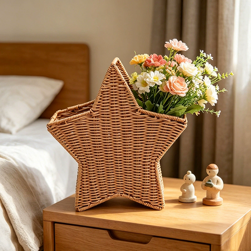 Cesta de flores de ratán en forma de estrella tejida a mano | Florero decorativo de mesa y organizador de almacenamiento