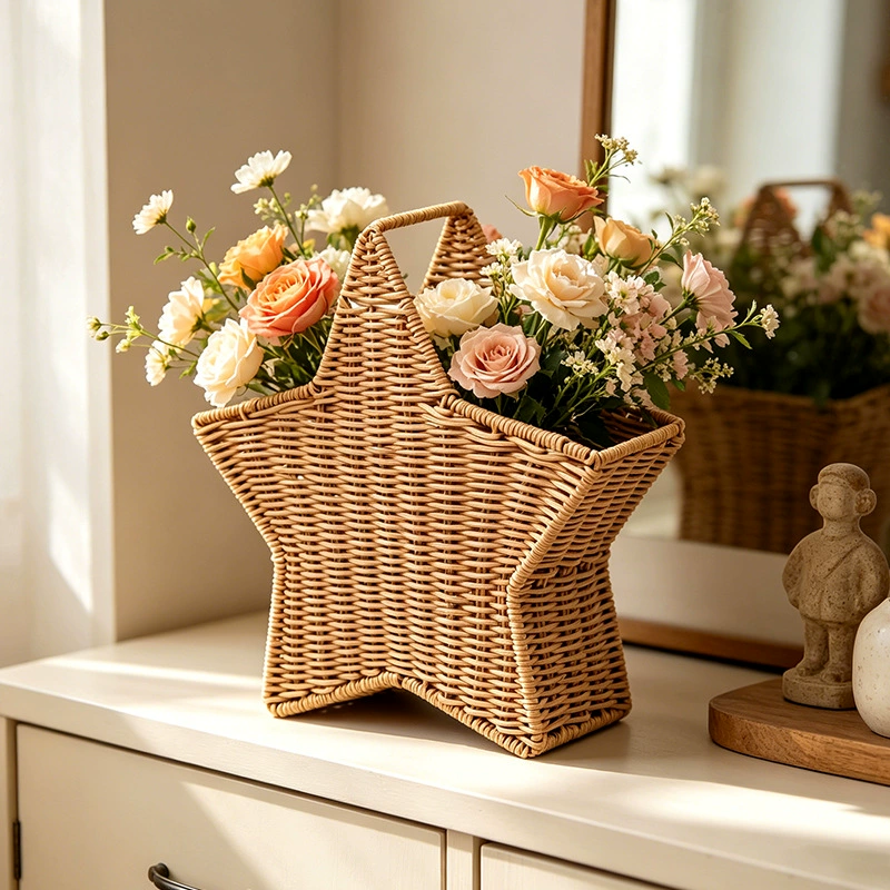 Cesta de flores de ratán en forma de estrella tejida a mano | Florero decorativo de mesa y organizador de almacenamiento