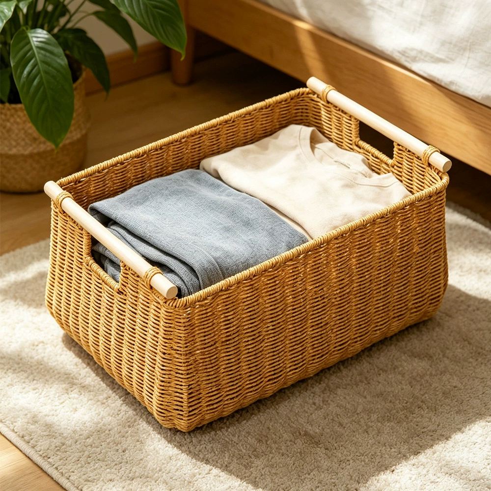 Cesta de almacenamiento de mimbre tejida a mano con asas de madera | Contenedor organizador estilo ratán impermeable para lavandería, armario y baño