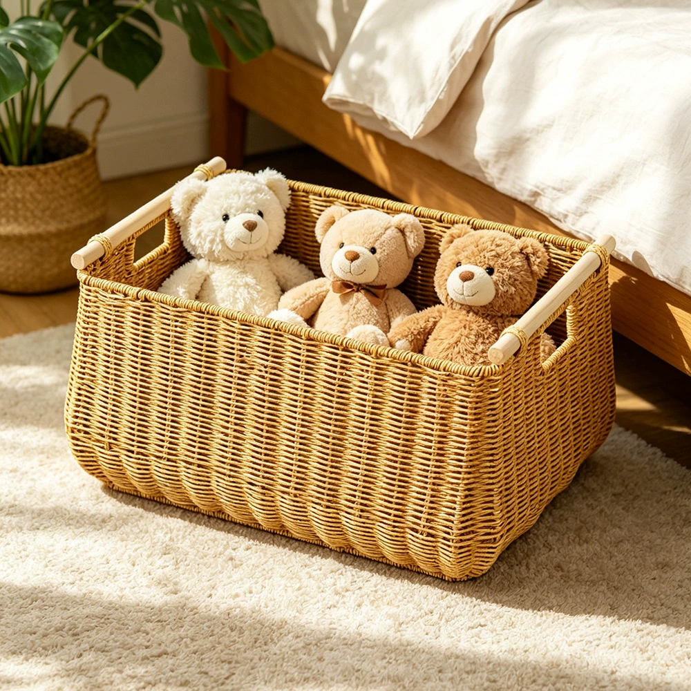 Cesta de almacenamiento de mimbre tejida a mano con asas de madera | Contenedor organizador estilo ratán impermeable para lavandería, armario y baño