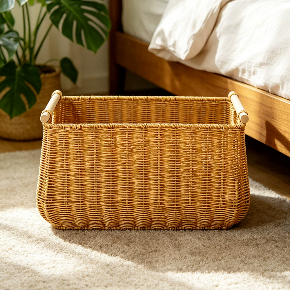 Cesta de almacenamiento de mimbre tejida a mano con asas de madera | Contenedor organizador estilo ratán impermeable para lavandería, armario y baño