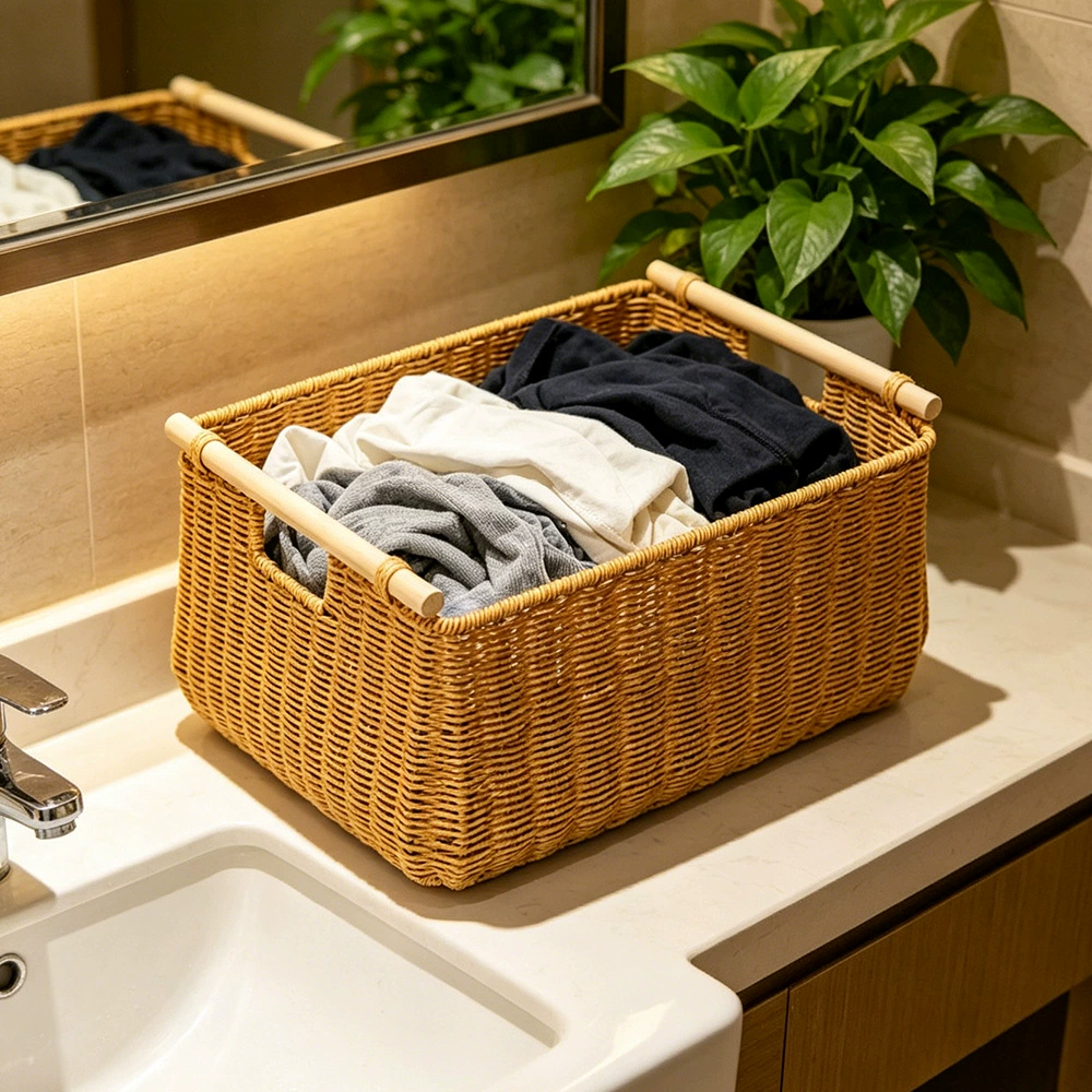 Cesta de almacenamiento de mimbre tejida a mano con asas de madera | Contenedor organizador estilo ratán impermeable para lavandería, armario y baño