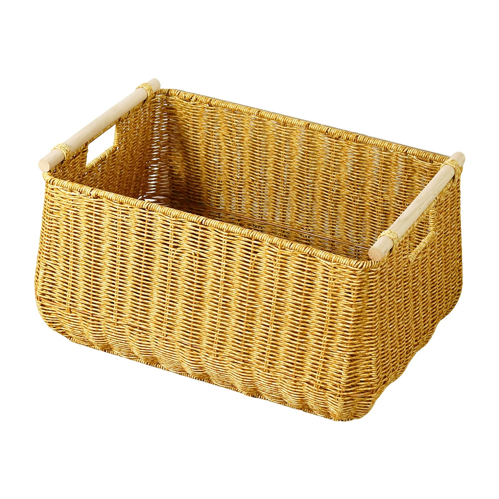 Cesta de almacenamiento de mimbre tejida a mano con asas de madera | Contenedor organizador estilo ratán impermeable para lavandería, armario y baño