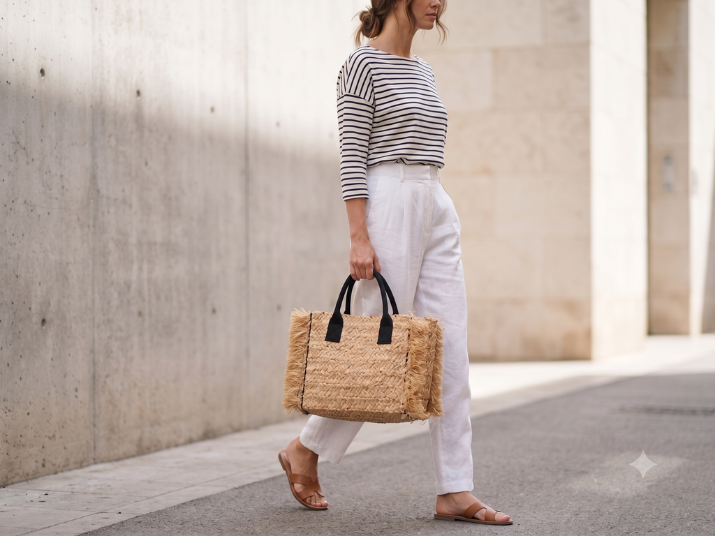 Handwoven Raffia Tote Bag with Fringe | Natural Straw Beach Bag with Black Handles | Wholesale