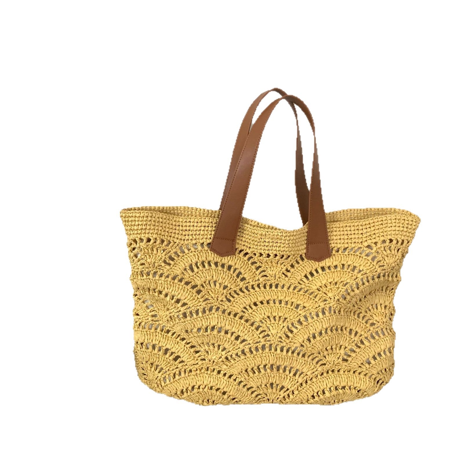 Sueño Bohemio: Bolso Tote Calado de Paja Ondulado con Asas de Cuero Marrón
