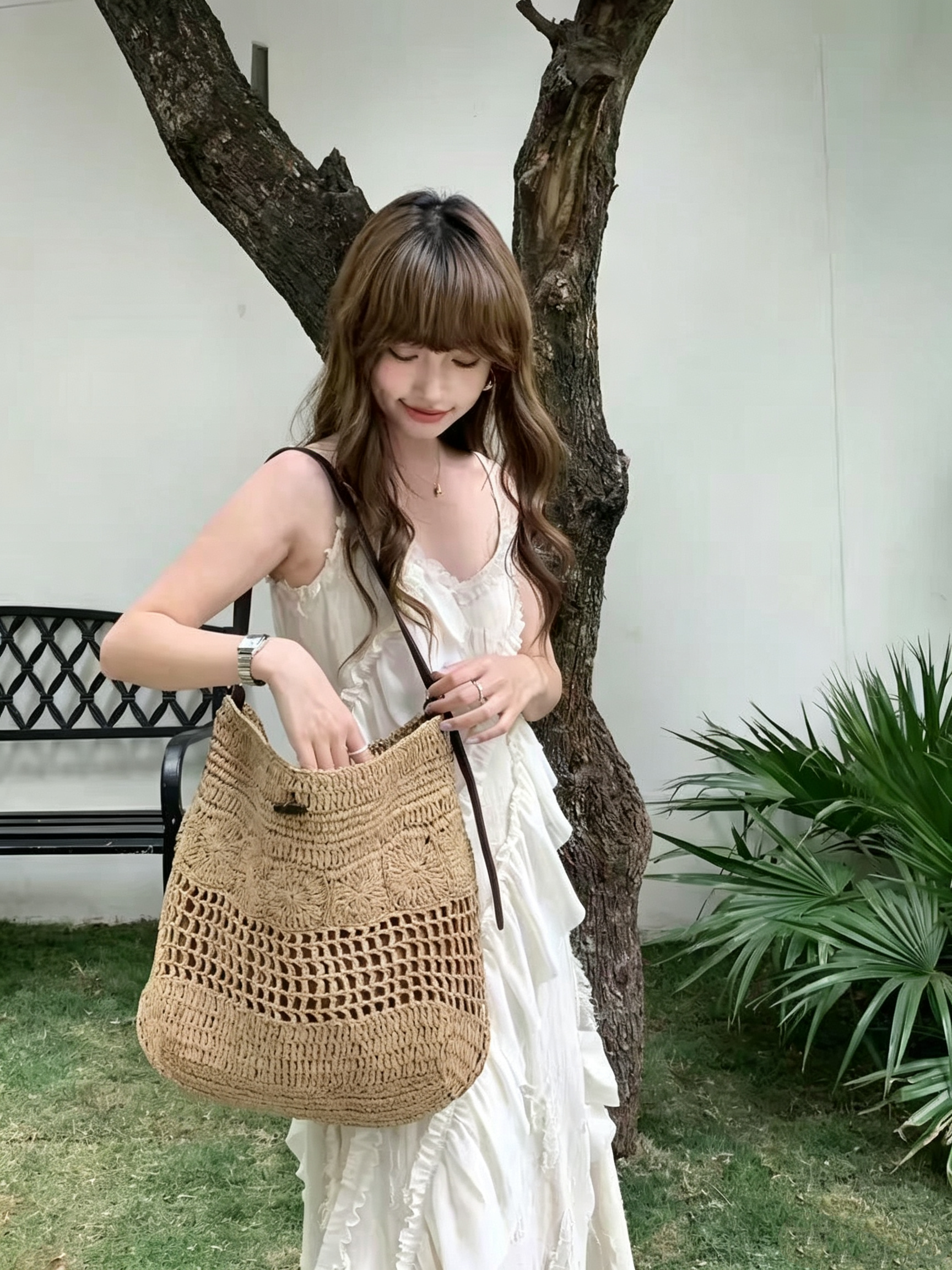 Bolso Hobo Grande de Rafia Trenzada | Bolso de Hombro de Ganchillo Boho para Verano