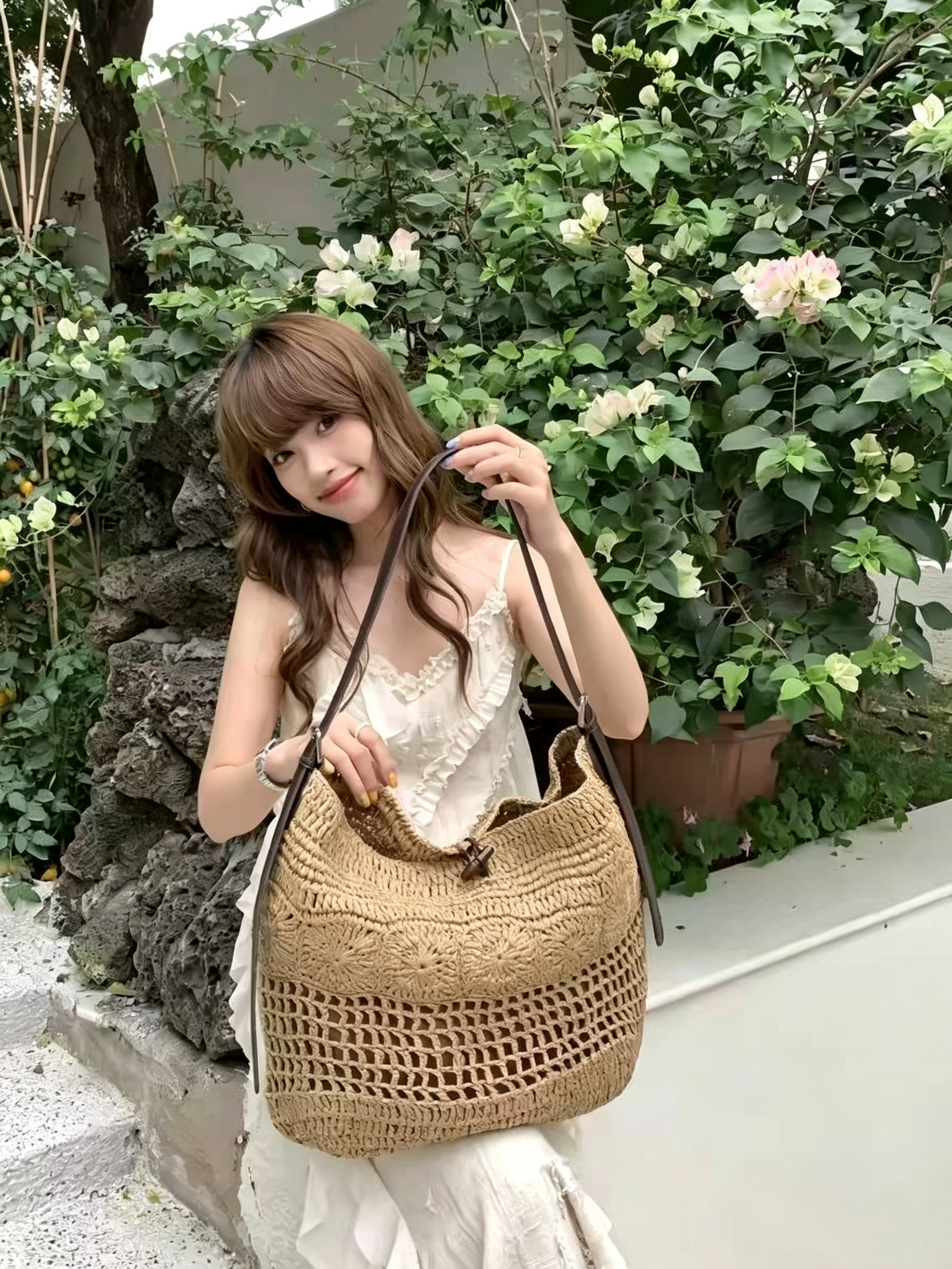 Bolso Hobo Grande de Rafia Trenzada | Bolso de Hombro de Ganchillo Boho para Verano