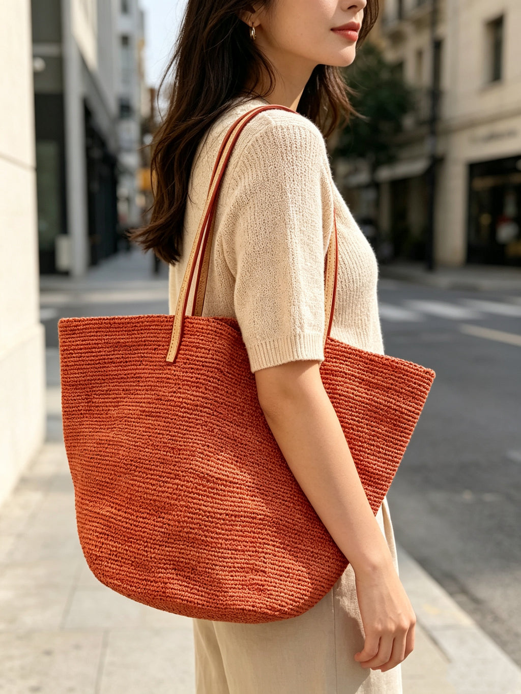 Large Woven Raffia Tote Bag Terracotta Orange, Casual Straw Shoulder Bag for Women Travel Beach