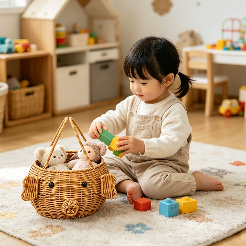 Cesta de Almacenamiento de Juguetes de Mimbre con Asas de Animales Lindos – Organizador de Guardería para Niños