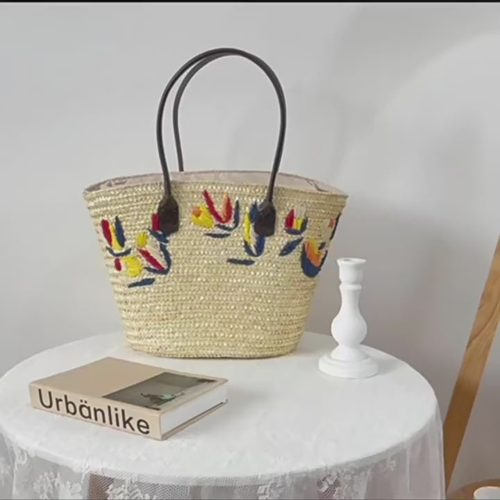 Bolso Tote de Paja de Trigo Bordado Artisanstraw | Bolso de Hombro Boho Estructurado