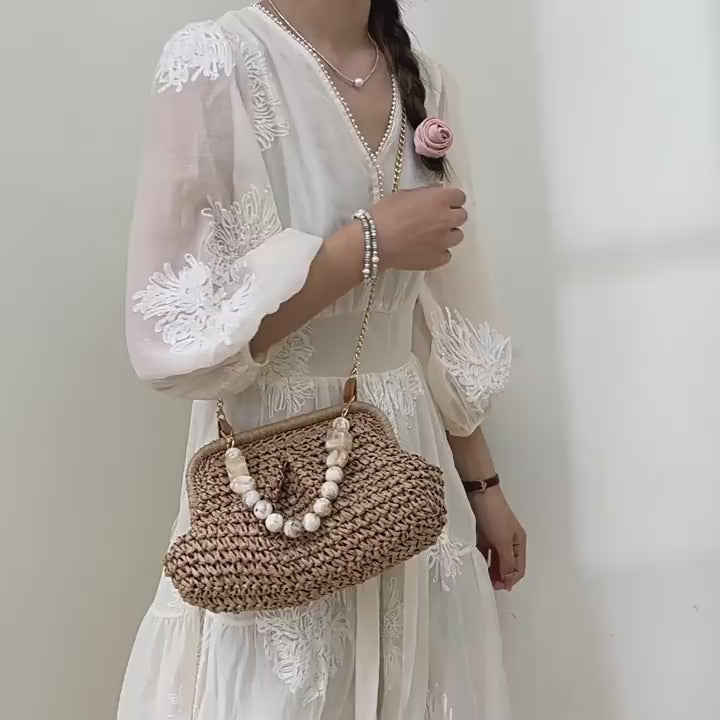 Bolso bandolera de paja con cierre de perlas en forma de concha, bolso de hombro con cadena tejida urbana minimalista, 8 opciones de estilo Bolso de mano Verano 2026 Caqui Blanco roto