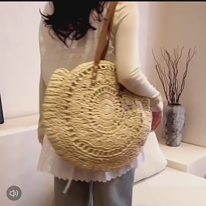Bolso Grande Redondo de Paja Trenzada | Bolso de Hombro Boho de Verano para Playa